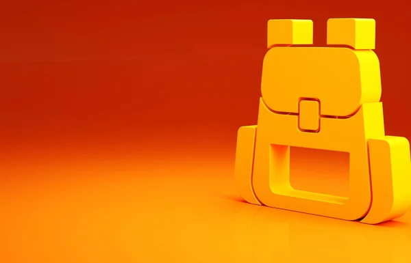 Amarelo Caminhadas ícone mochila isolada no fundo laranja. Camping e montanha explorando mochila. Conceito de minimalismo. 3D ilustração 3D render — Fotografia de Stock