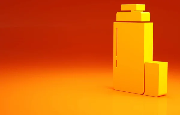 Ícone amarelo do recipiente de Thermos isolado no fundo laranja. Ícone de garrafa térmica. Equipamento de campismo e caminhadas. Conceito de minimalismo. 3D ilustração 3D render — Fotografia de Stock
