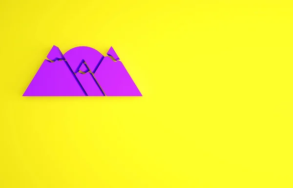 Ícone de montanhas roxas isolado no fundo amarelo. Símbolo de vitória ou conceito de sucesso. Conceito de minimalismo. 3D ilustração 3D render — Fotografia de Stock