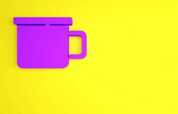 Taza metálica de camping púrpura aislada sobre fondo amarillo. Concepto minimalista. 3D ilustración 3D render —  Fotos de Stock