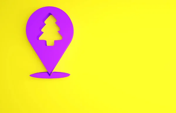 Roxo Localização da floresta em um ícone de mapa isolado no fundo amarelo. Conceito de minimalismo. 3D ilustração 3D render — Fotografia de Stock