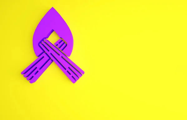 Icono de fogata púrpura aislado sobre fondo amarillo. Quema hoguera con leña. Concepto minimalista. 3D ilustración 3D render — Foto de Stock