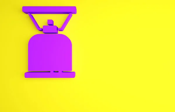 Фиолетовый значок газовой плиты на желтом фоне. Портативная газовая горелка. Пешие прогулки, кемпинг. Концепция минимализма. 3D-рендеринг — стоковое фото