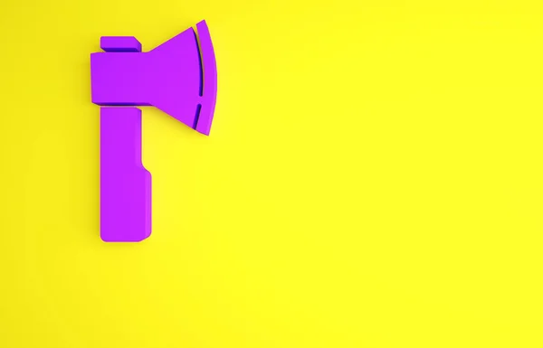 Icono de hacha de madera púrpura aislado sobre fondo amarillo. Hacha de leñador. Concepto minimalista. 3D ilustración 3D render — Foto de Stock