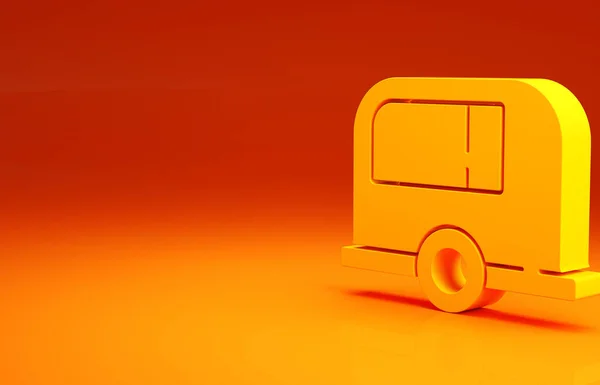 黄色的野营拖车图标孤立在橙色的背景。旅行回家，大篷车，回家露营旅行。最低纲领的概念。3D渲染3D插图 — 图库照片