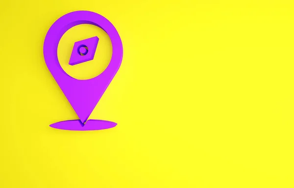 Icône boussole violette isolée sur fond jaune. Windrose symbole de navigation. Signe rose des vents. Concept de minimalisme. Illustration 3D rendu 3D — Photo