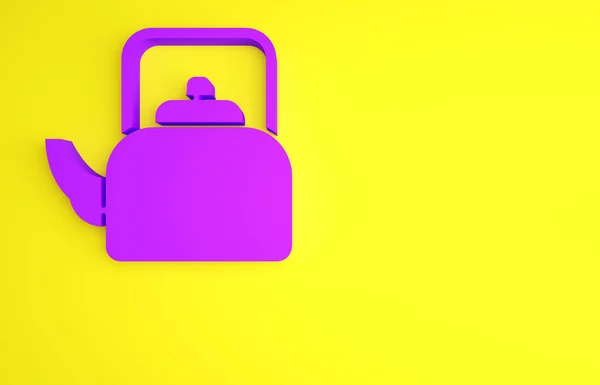Фиолетовый кедр с иконкой ручки на желтом фоне. Значок чайника. Концепция минимализма. 3D-рендеринг — стоковое фото