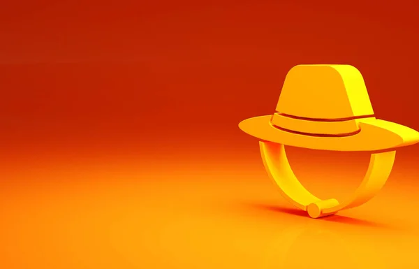 Ícone de chapéu de acampamento amarelo isolado no fundo laranja. Chapéu de praia panamá. Explorador viajantes chapéu para caça, caminhadas, turismo. Conceito de minimalismo. 3D ilustração 3D render — Fotografia de Stock