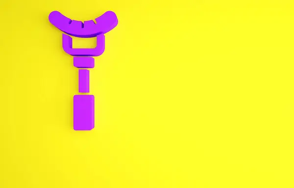 Salsiccia viola sull'icona della forchetta isolata su sfondo giallo. Salsiccia alla griglia e aroma segno. Concetto minimalista. Illustrazione 3d rendering 3D — Foto Stock