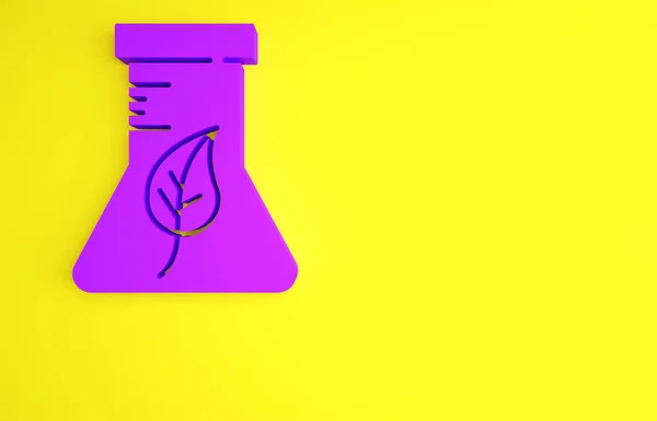 Tubo di prova viola e icona di prova del laboratorio chimico del pallone isolata su fondo giallo. Segnale di vetreria da laboratorio. Concetto minimalista. Illustrazione 3d rendering 3D — Foto Stock