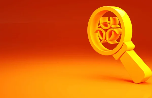 Żółta ikona Biohazard i szkło powiększające odizolowane na pomarańczowym tle. Koncepcja minimalizmu. Ilustracja 3D 3D renderowania — Zdjęcie stockowe