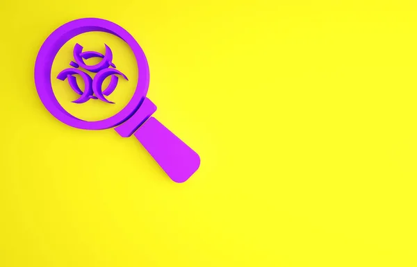 Purple Biohazard and magnifying glass icon isolated on yellow background. Minimalism concept. 3d illustration 3D render — Stock Photo, Image