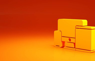 Sarı bilgisayar monitörü, grafik tablet ve cep telefonu simgesi turuncu arka planda izole edildi. İnternetten kazanç, pazarlama. Minimalizm kavramı. 3d illüstrasyon 3B canlandırma