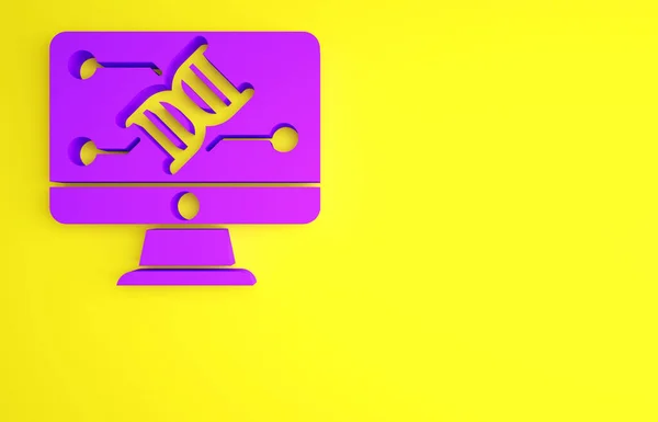 Purple Genetic engineering modification on monitor icon isolated on yellow background. DNA analysis, genetics testing, cloning. Minimalism concept. 3d illustration 3D render