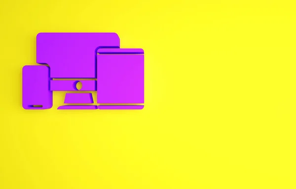 Monitor de ordenador púrpura, tableta gráfica y teléfono móvil icono aislado sobre fondo amarillo. Ganancias en Internet, marketing. Concepto minimalista. 3D ilustración 3D render — Foto de Stock