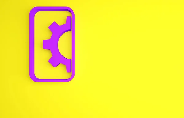 Purple Software, desarrollo web, icono de concepto de programación aislado sobre fondo amarillo. Lenguaje de programación y código de programa en el móvil de pantalla. Concepto minimalista. 3D ilustración 3D render —  Fotos de Stock