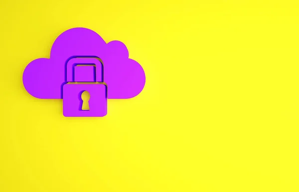 Purple Cloud computing lock icon isolated on yellow background. Security, safety, protection concept. Protection of personal data. Minimalism concept. 3d illustration 3D render