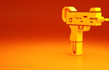 Sarı UZI hafif makineli tüfek ikonu turuncu arka planda izole edildi. Otomatik silah. Minimalizm kavramı. 3d illüstrasyon 3B canlandırma