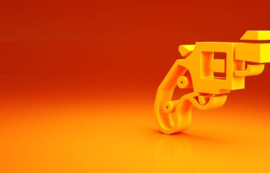 Sarı küçük silah tabancası ikonu turuncu arka planda izole edildi. Nefsi müdafaa için cep tabancası. Bayanlar tabancası. Casus silahı. Minimalizm kavramı. 3d illüstrasyon 3B canlandırma