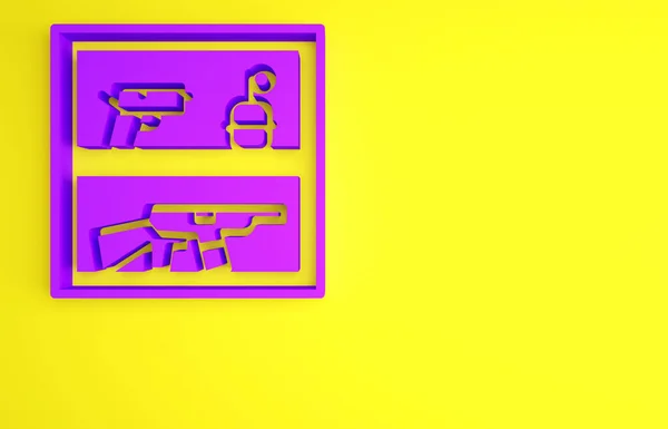 Tienda Purple Hunting con rifle y arma de fuego icono aislado sobre fondo amarillo. Supermercado o tienda con equipo de armas. Concepto minimalista. 3D ilustración 3D render — Foto de Stock