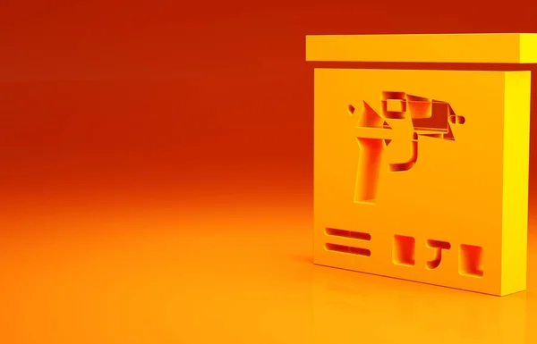 Gele militaire munitie doos met een aantal munitie kogels pictogram geïsoleerd op oranje achtergrond. Minimalisme concept. 3d illustratie 3D renderen — Stockfoto