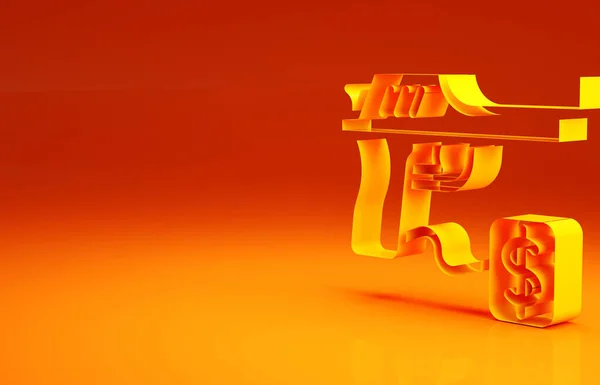 黄色采购枪与价格标签图标孤立的橙色背景。买武器。最低纲领的概念。3D渲染3D插图 — 图库照片
