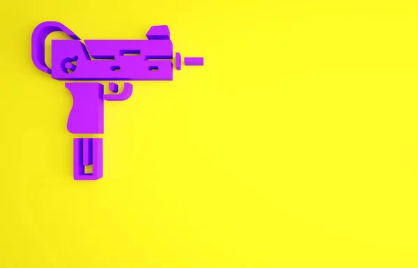 Ікона пістолета-кулемета Purple UZI ізольована на жовтому тлі. Автоматична зброя. Концепція мінімалізму. 3D-рендеринг — стокове фото