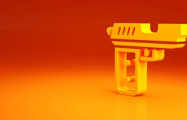 Gele Pistol of pistool pictogram geïsoleerd op oranje achtergrond. Politie of militair pistool. Klein vuurwapen. Minimalisme concept. 3d illustratie 3D renderen — Stockfoto