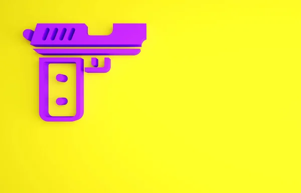 Pistola viola o pistola icona isolata su sfondo giallo. Polizia o pistola militare. Piccola arma da fuoco. Concetto minimalista. Illustrazione 3d rendering 3D — Foto Stock