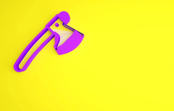 Фиолетовый деревянный топор значок изолирован на желтом фоне. Топор лесоруба. Концепция минимализма. 3D-рендеринг — стоковое фото