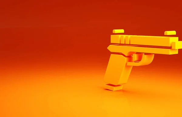 Pistola amarela ou ícone de arma isolado no fundo laranja. Polícia ou arma militar. Arma de fogo pequena. Conceito de minimalismo. 3D ilustração 3D render — Fotografia de Stock