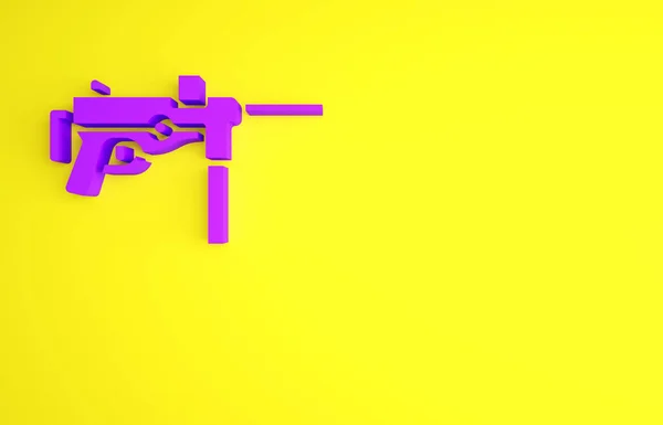 Fioletowy pistolet maszynowy M3, ikona smaru na żółtym tle. Koncepcja minimalizmu. Ilustracja 3D 3D renderowania — Zdjęcie stockowe