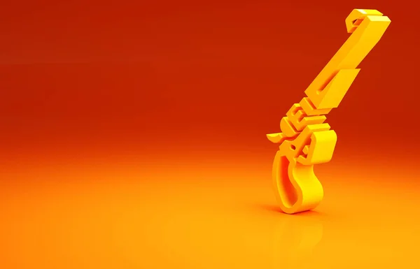 Ícone de arma revólver amarelo isolado no fundo laranja. Conceito de minimalismo. 3D ilustração 3D render — Fotografia de Stock