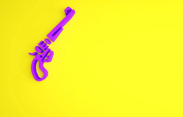 紫のリボルバー銃のアイコンは黄色の背景に隔離された。最小限の概念。3Dイラスト3Dレンダリング — ストック写真