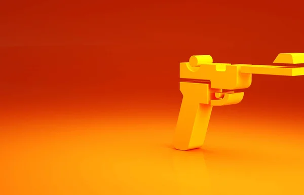 Ícone de arma Mauser amarelo isolado no fundo laranja. Mauser C96 é uma pistola semi-automática. Conceito de minimalismo. 3D ilustração 3D render — Fotografia de Stock