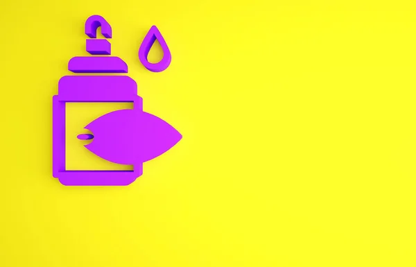 Ícone de frasco de gota de olho roxo isolado no fundo amarelo. Conceito de minimalismo. 3D ilustração 3D render — Fotografia de Stock