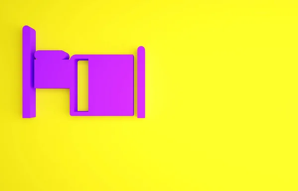 Ícone da cama do hospital roxo isolado no fundo amarelo. Conceito de minimalismo. 3D ilustração 3D render — Fotografia de Stock