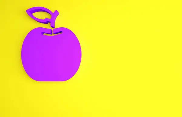 Ícone roxo da Apple isolado no fundo amarelo. Fruta com símbolo de folha. Conceito de minimalismo. 3D ilustração 3D render — Fotografia de Stock
