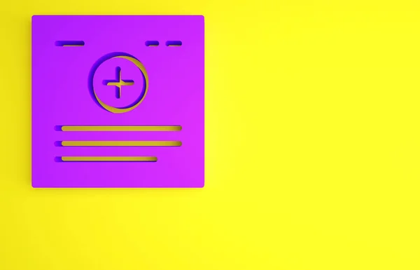Purpurowa tablica medyczna z ikoną zapisu klinicznego wyizolowaną na żółtym tle. Formularz ubezpieczenia zdrowotnego. Recepta, wyniki badań lekarskich. Koncepcja minimalizmu. Ilustracja 3D 3D renderowania — Zdjęcie stockowe