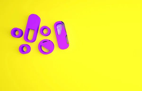 紫色药丸或药片图标在黄色背景下分离.胶囊药丸和药征药房设计。最低纲领的概念。3D渲染3D插图 — 图库照片