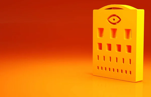 Icono de la carta de prueba Yellow Eye aislado sobre fondo naranja. Póster para pruebas de visión en estudio oftálmico. Carta de Snellen. Concepto minimalista. 3D ilustración 3D render —  Fotos de Stock