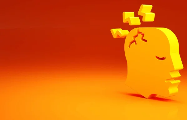 Yellow Man having headache, migraine icon isolated on orange background. Minimalism concept. 3d illustration 3D render.