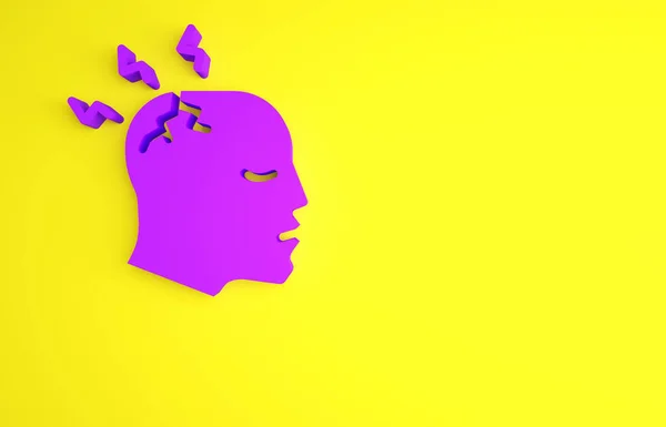 紫色男子头痛 偏头痛图标孤立在黄色背景 最低纲领的概念 3D渲染3D插图 — 图库照片