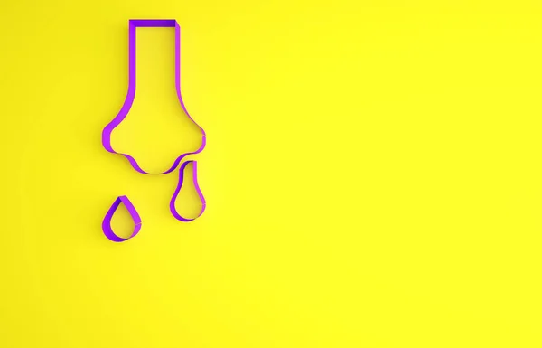 Purple Runny nose icon isolated on yellow background. Rhinitis symptoms, treatment. Nose and sneezing. Nasal diseases. Minimalism concept. 3d illustration 3D render.