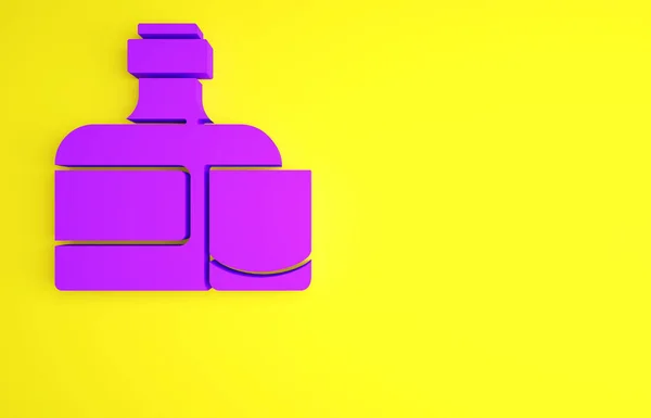 紫色威士忌瓶和玻璃图标隔离在黄色背景 最低纲领的概念 3D渲染3D插图 — 图库照片
