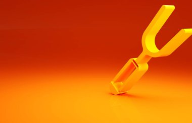 Sarı ızgara çatal ikonu turuncu arka planda izole edildi. Mangal çatalı tabelası. Barbekü ve ızgara aleti. Minimalizm kavramı. 3d illüstrasyon 3B canlandırma.