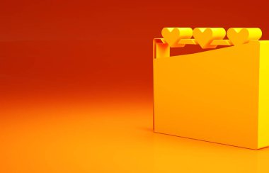 Turuncu arka planda kalp ikonu olan sarı takvim. Sevgililer Günü. Aşk sembolü. 14 Şubat. Minimalizm kavramı. 3d illüstrasyon 3B canlandırma.