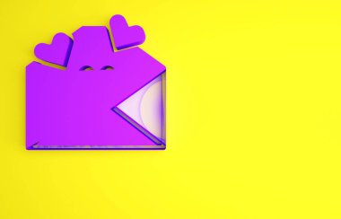 Sarı arka planda Sevgililer Günü kalp ikonu olan mor zarf. Mesaj aşkım. Aşk ve romantizm mektubu. Minimalizm kavramı. 3d illüstrasyon 3B canlandırma.
