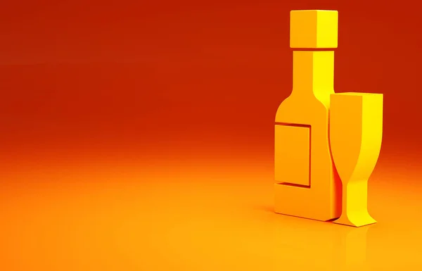 Žlutá Láhev Šampaňského Sklenice Ikony Šampaňského Izolované Oranžovém Pozadí Veselé — Stock fotografie