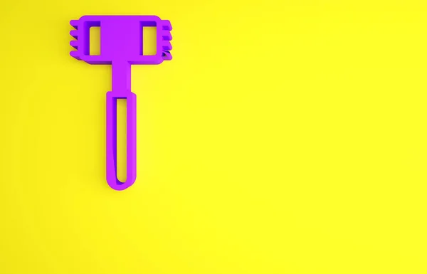 黄色の背景に隔離された紫のキッチンハンマーアイコン 肉のハンマー 最小限の概念 3Dイラスト3Dレンダリング — ストック写真